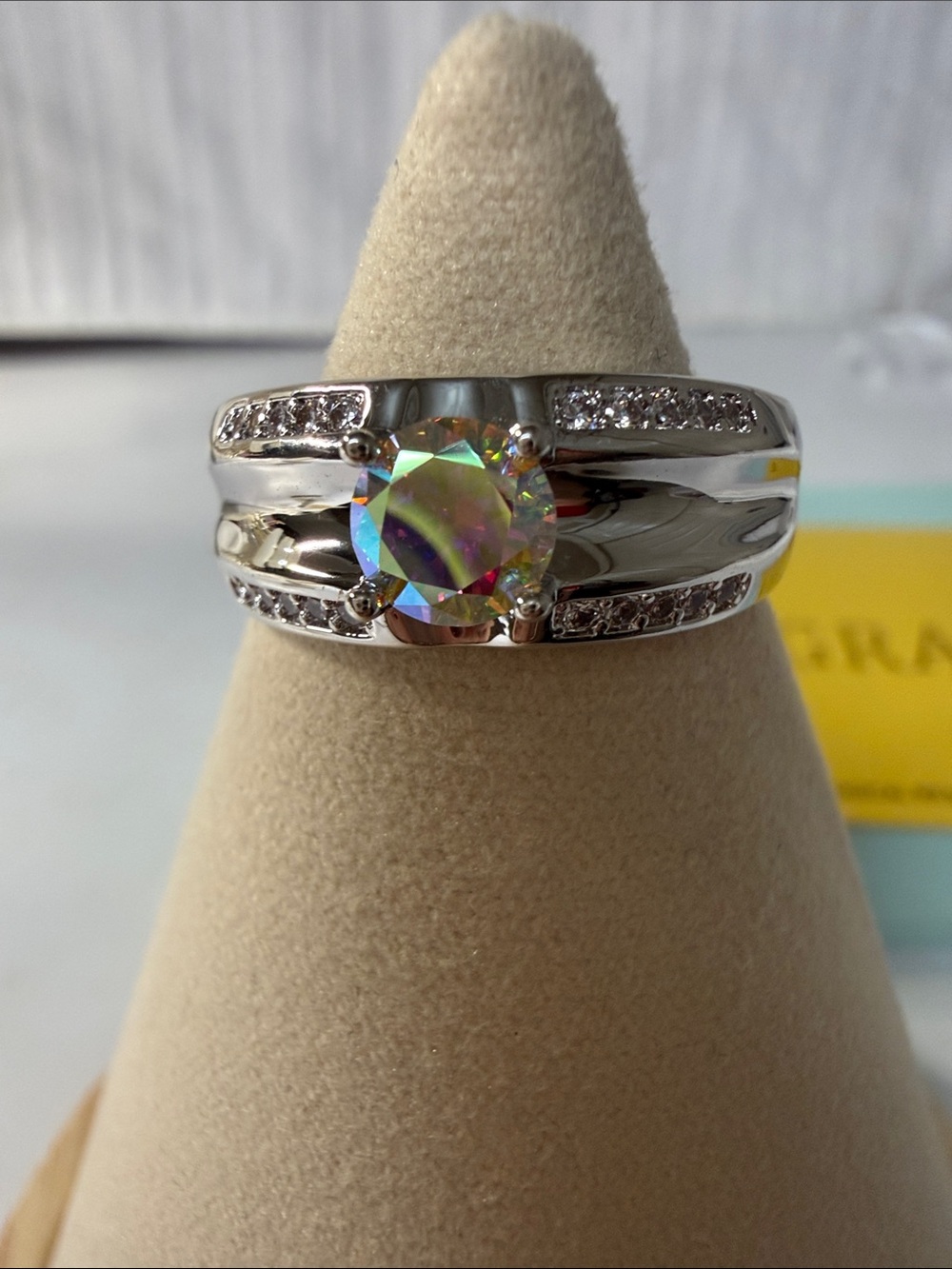 Fantasy Yellow Halo Sterling Silver Moissanite Ring - Rainbow Center Stone